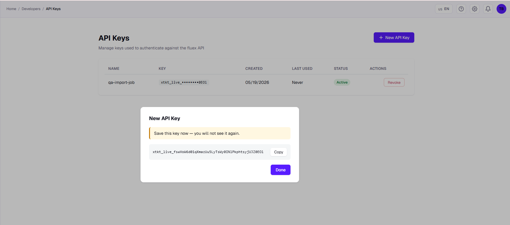 Generated API key dialog with Copy button