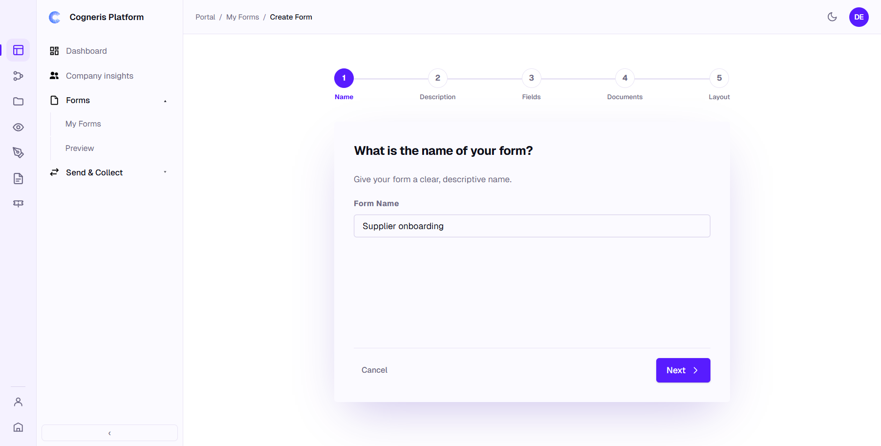 The first step of the form wizard, Name, with the Form Name field filled in