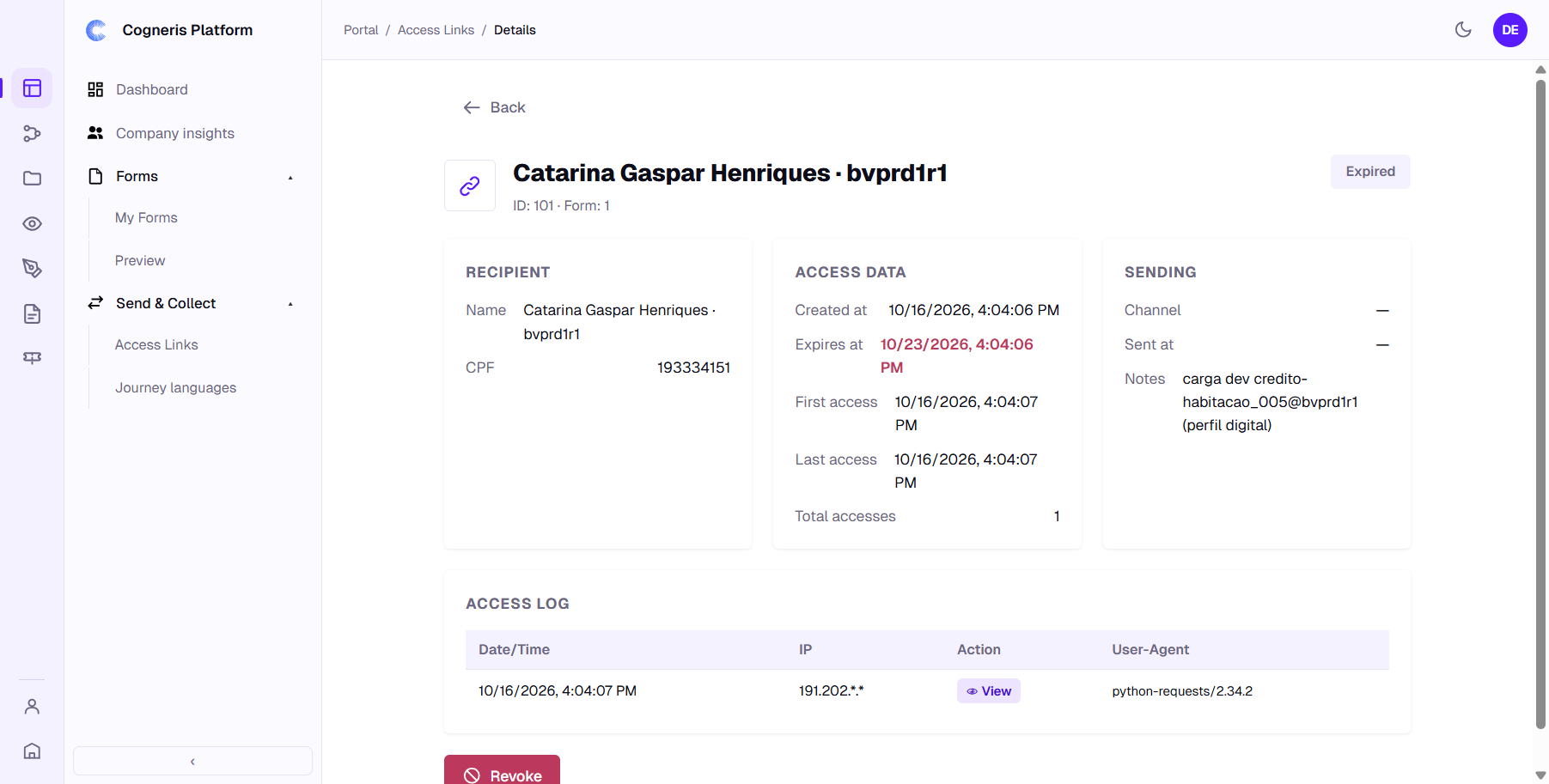 The details of an access link: recipient, access data, sending and the access log