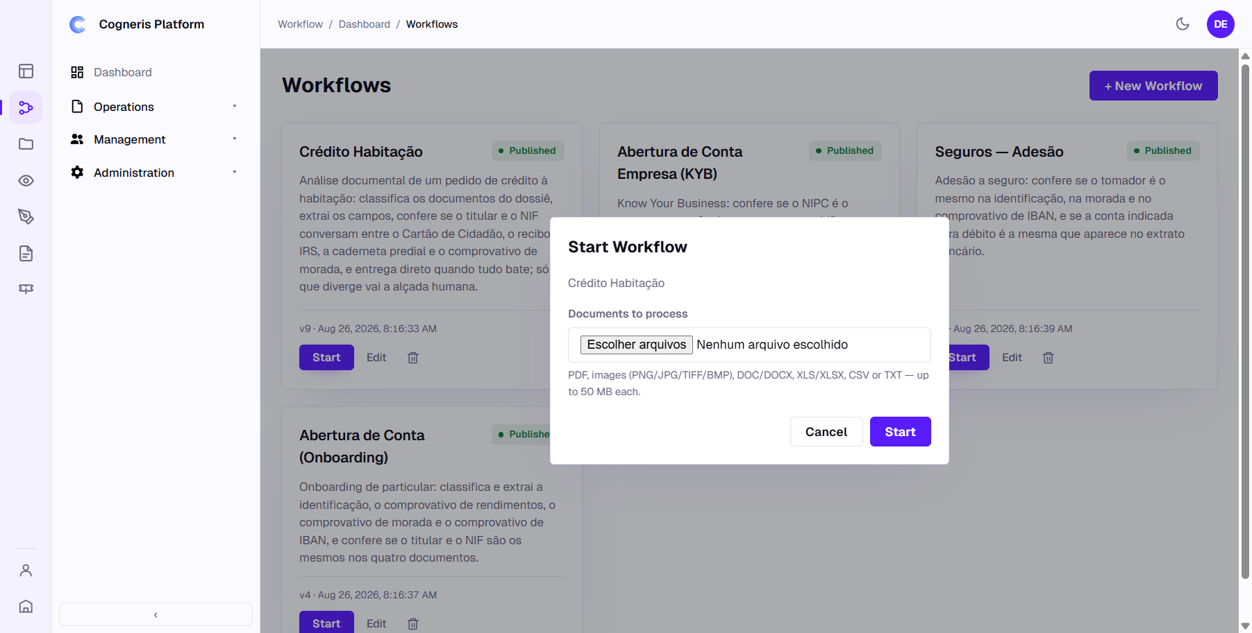 The Start Workflow dialog, opened from a published workflow in Flow Configuration