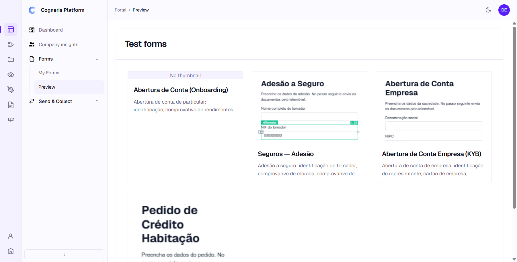 The Test forms page, with one card per form