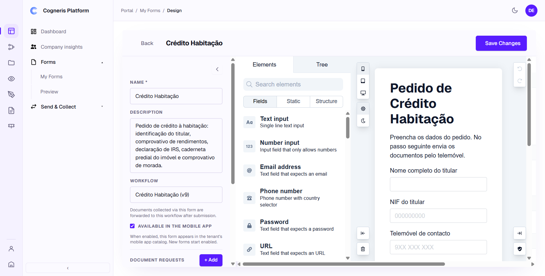 O editor do formulário: painel de detalhes com nome, descrição, fluxo e solicitações de documentos, a paleta de elementos e a pré-visualização